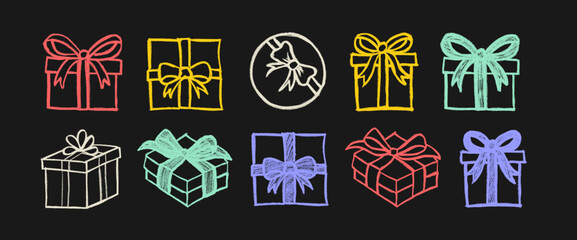 Surprise Gift Box Crayon Chalk Drawing Doodle Vector Set