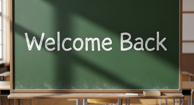 A classroom chalkboard welcoming students back with friendly greeting. This image encapsulates the anticipation of learning and fresh starts.