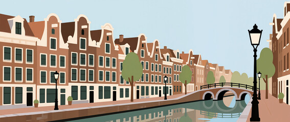 Charming canal houses along a tranquil waterway in a vibrant city