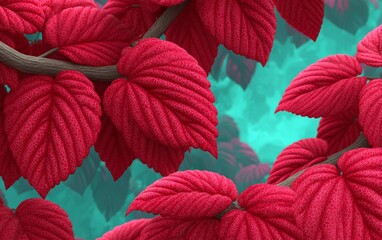 Vivid red leaves contrast beautifully with a soft turquoise background in a lush forest scene