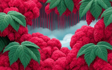 Vibrant red foliage and green leaves create a lush scene with clouds in the background