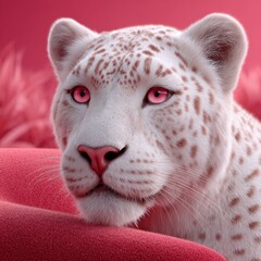 Unique white leopard with pink eyes resting on a vibrant pink background in a playful setting