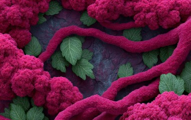 Colorful abstract representation of plant structures with vibrant pink textures and green leaves