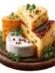 Cheese platter with various types of cheese arranged on wooden board with herbs