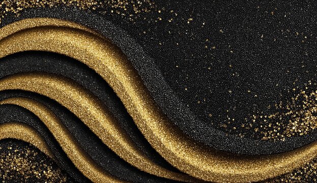 Black and gold background with a gold and black wave. The wave is made up of small gold and black specks - Powered by Adobe