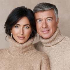Couple posing in cozy sweaters with a neutral background and warm expressions