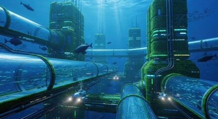 Futuristic Underwater City with Transparent Tunnels and Marine Life.