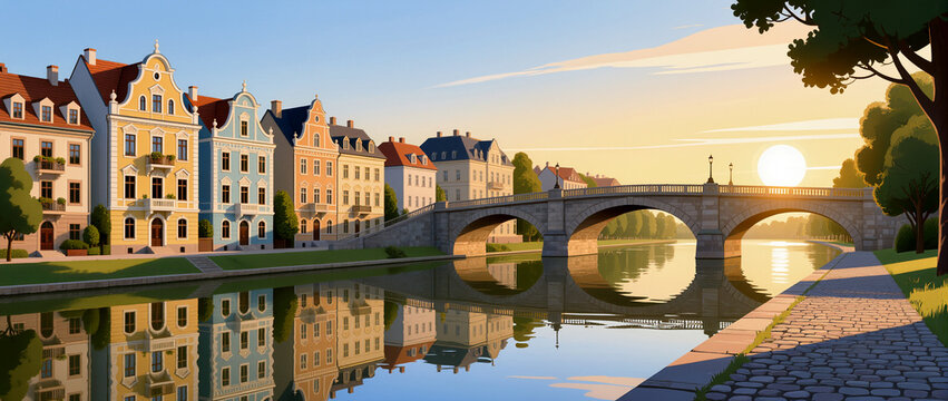 Sunrise over a charming riverside town with colorful buildings
