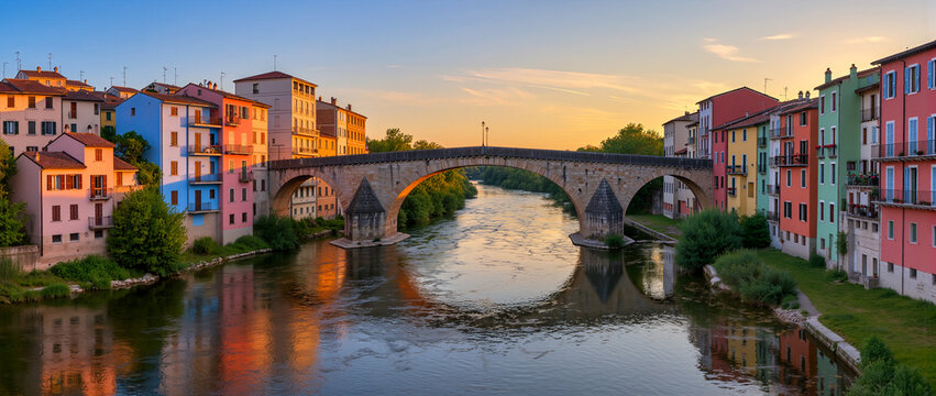 Colorful buildings reflect in river under sunrise in scenic town