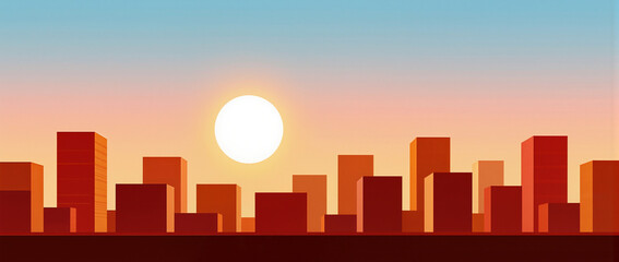Vibrant sunset over a peaceful city skyline with geometric shapes