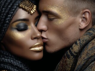 Couple sharing a passionate moment with striking gold makeup in a dramatic close-up