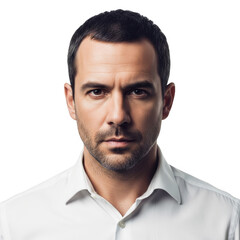 Fototapeta premium Serious caucasian man with short dark hair and stubble wearing a white collared shirt isolated on transparent background
