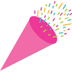 Pink Party Popper Exploding With Colorful Confetti Against A White Transparent Background With Bright Lighting