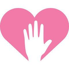 Pink heart shape with a white hand silhouette in front representing love support and care with a simple flat design on a transparent background