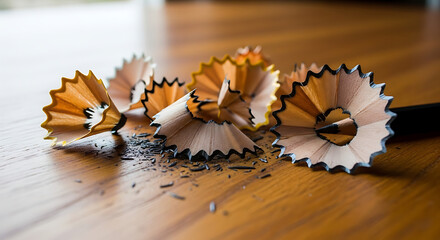 A close-up captures the artistic aftermath of sharpening a pencil, showcasing the delicate curls of wood shavings on a wooden surface, highlighting the process of creation and transformation.