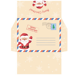 Printable envelope to Santa Claus. Template with soft beige background decorated with Santa Clause, snowflakes, copy space. Merry Christmas. Vector illustration.