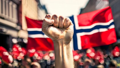 A raised fist pulses with pride before waving Norwegian flags bold, unifying, and celebratory. National spirit shines in vibrant red, white, and blue.