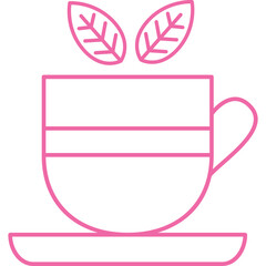 Pink Line Art Tea Cup with Leaves on a Saucer Minimalist Beverage Icon Isolated on Transparent Background