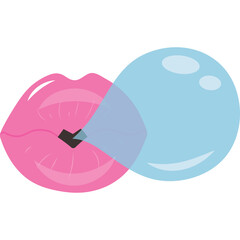 Pink Lips Blowing A Blue Bubble Gum Balloon With A Black Chewing Gum Piece In A Close Up Shot On A White Background