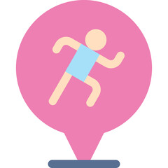 Pink Map Marker Pin Icon with Silhouette of Person Running Inside Light Blue T-shirt and Tan Body Flat Design Style on Transparent Background