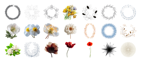 Floral Variety: Wreaths, Bouquets, and Individual Blossoms Elegantly Displayed on a Black Background on transparent background