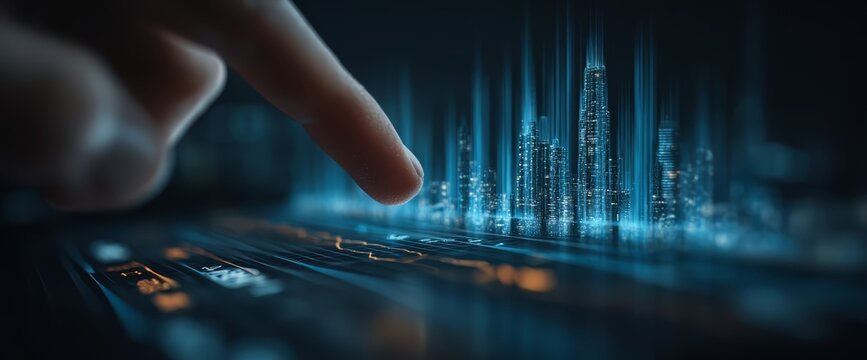 Finger pointing at a city skyline. The image is a representation of a cityscape with buildings and lights