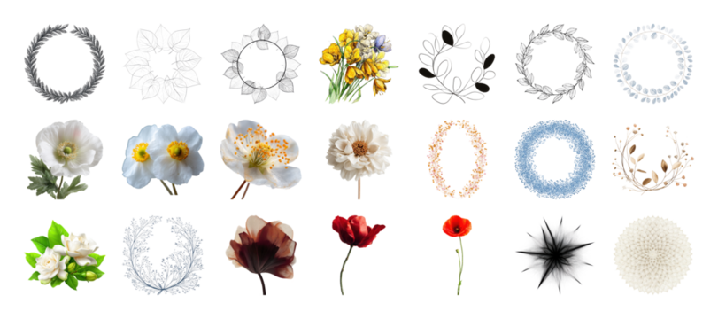Floral Variety: Wreaths, Bouquets, and Individual Blossoms Elegantly Displayed on a Black Background on transparent background