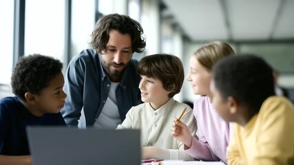 The photo depicts a diverse group of schoolchildren gathered around a laptop in a modern classroom - Powered by Adobe
