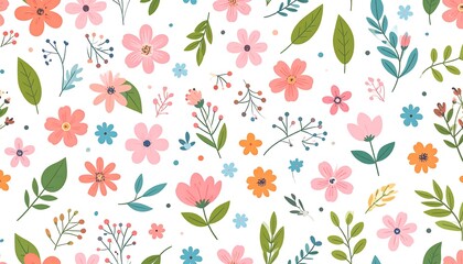 A vibrant seamless pattern features an array of colorful floral elements scattered over a white backdrop