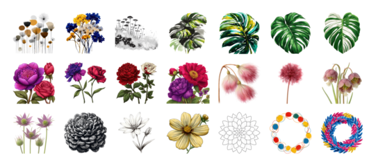 Botanical Collection of Flowers, Plants, and Wreaths in a Variety of Styles on transparent background