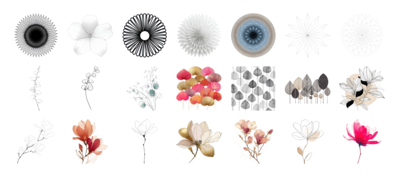 Collection of floral and abstract illustrations with various designs in dark and light styles on transparent background