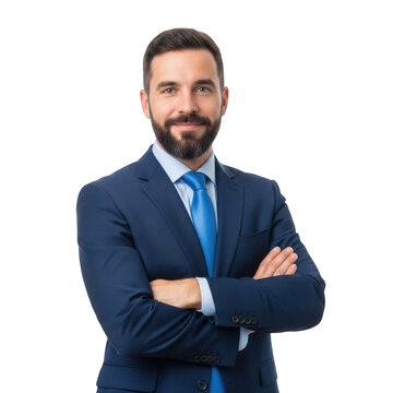 Professional businessman with beard and blue tie wearing a dark suit with arms crossed isolated on transparent background