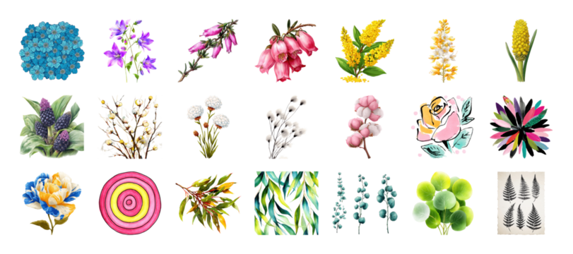 Diverse floral collection featuring unique botanical illustrations and designs arranged beautifully together on transparent background
