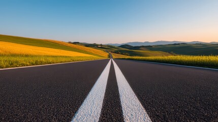 Fototapeta premium A wide, open road stretches through lush green fields, leading towards distant mountains under a clear blue sky.