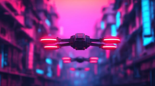 A futuristic cityscape featuring hovering drones with glowing lights, set against a vibrant neon backdrop.