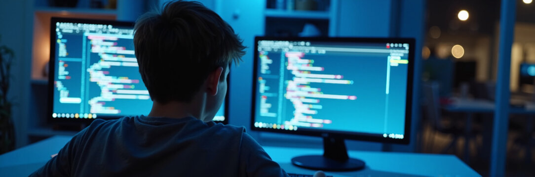 Software development is shown with a person coding on dual monitors, displaying lines of code. Software development includes skills in programming languages and problem-solving, - Powered by Adobe