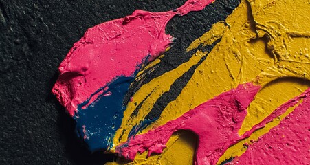 Painting with a pink, blue, and yellow color scheme. The colors are splattered and the paint appears to be wet