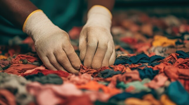 A pair of hands wearing gloves sorts through a colorful array of cloth scraps, highlighting textile recycling and craftsmanship.