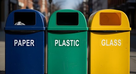 Close-up Realistic Photo of Colorful Recycling Bins for Paper, Plastic, and Glass in Urban Outdoor Setting Promoting Environmental Awareness and Sustainability