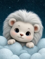 Cute lion cub peeking from soft clouds under a starry night sky with fluffy appearance
