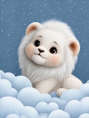 Cute fluffy white lion cub sitting happily on fluffy clouds against a blue background