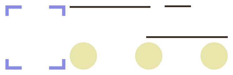 Geometric composition featuring horizontal lines, yellow circles, and purple corner brackets. Ideal for design, layout ideas, composition principles, minimalism, balance, modern aesthetics simple