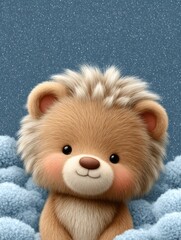 Cute cartoon lion character with fluffy mane on a soft blue background
