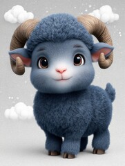 Cute animated blue ram character with fluffy fur and big eyes standing against a gray background