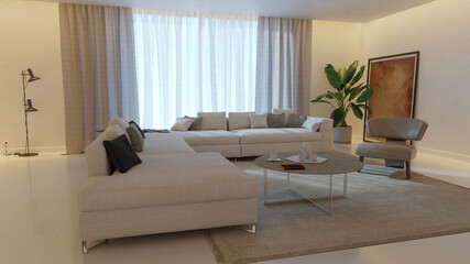 Naklejka premium Large luxury modern bright interiors Living room mockup illustration 3D rendering image