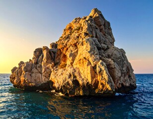 Large, jagged rock formation rises from calm blue waters under a clear, gradient sky as sunset colors warm the scene