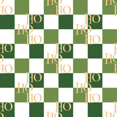 Festive green and white checkered pattern with scattered gold "HO HO HO" text, creating a cheerful, holiday-inspired Christmas background.