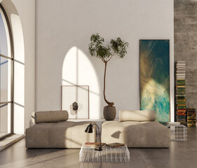 Fototapeta premium Large luxury modern bright interiors Living room mockup illustration 3D rendering image