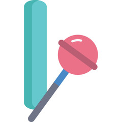 Pink Round Lollipop Candy on Blue Stick Next to Tall Cyan Rectangle with Shadow on Transparent Background
