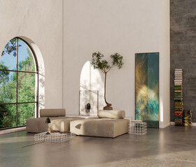 Fototapeta premium Large luxury modern bright interiors Living room mockup illustration 3D rendering image